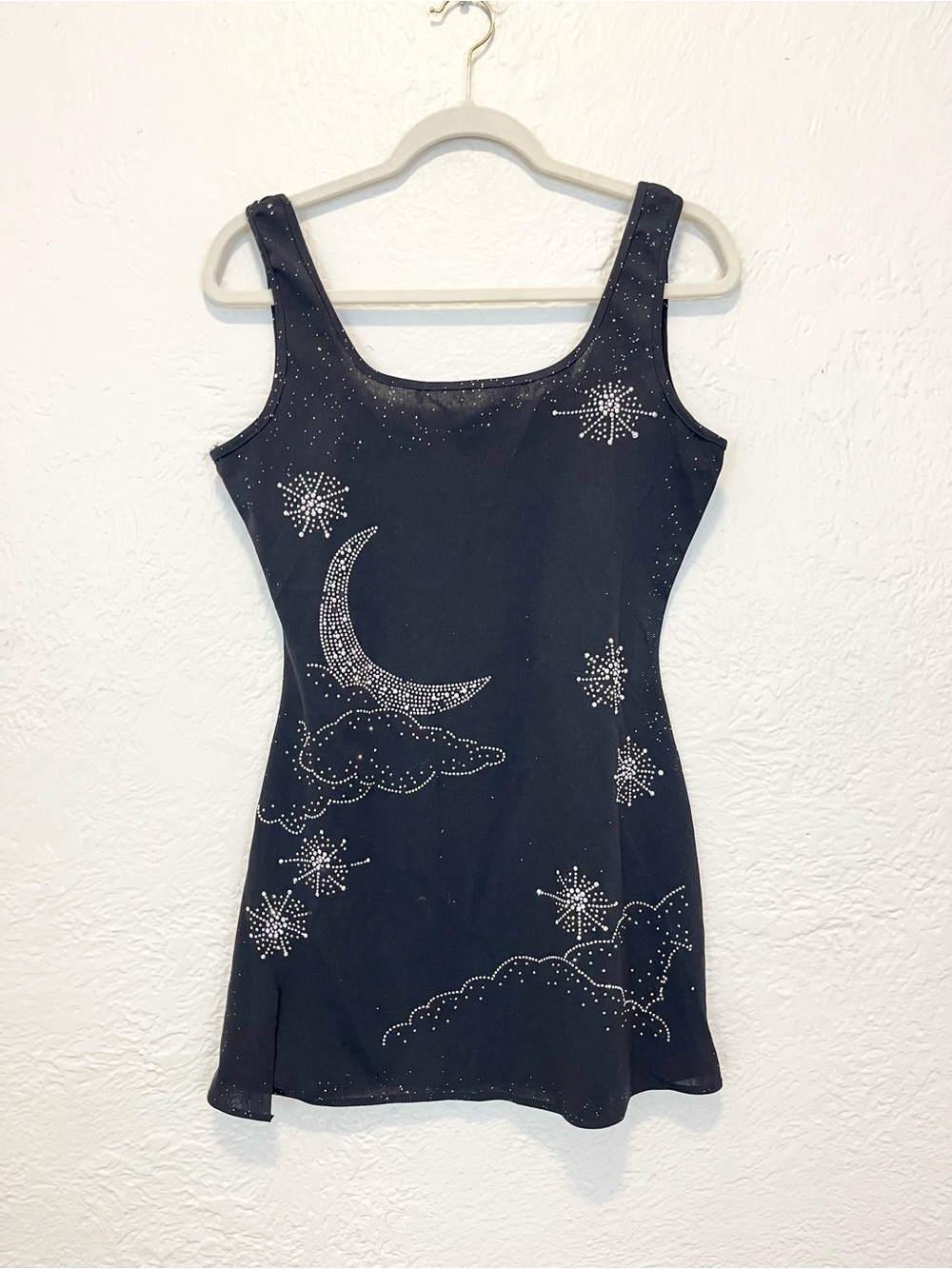 Black Mini Dress Mood Clouds Stars Rhinestones Whimsigoth Medium M
